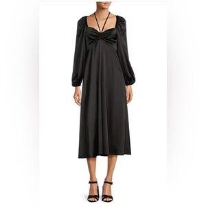 NWT Antonio Melani Drapey Satin Black Formal Midi Dress  0